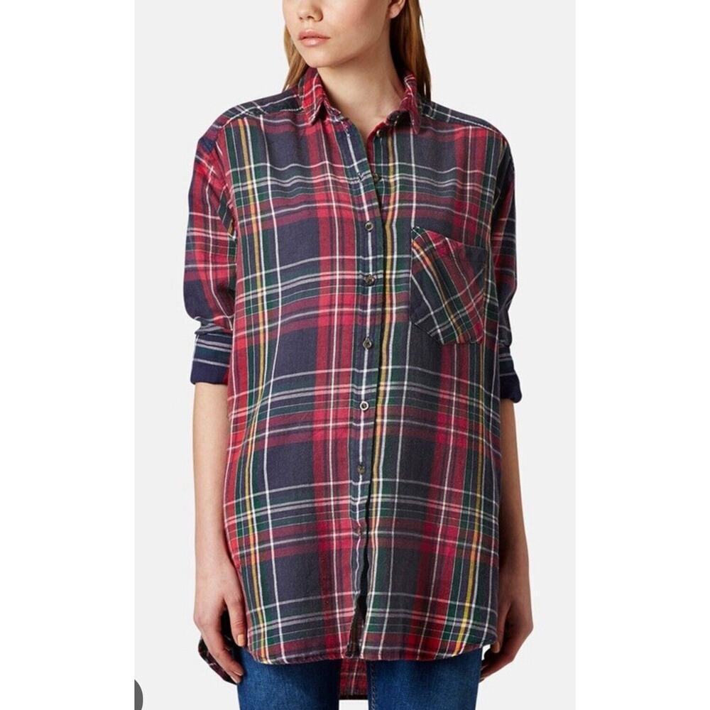 Top Shop Shirt Button Down Long Sleeve Plaid Oversized Size 12